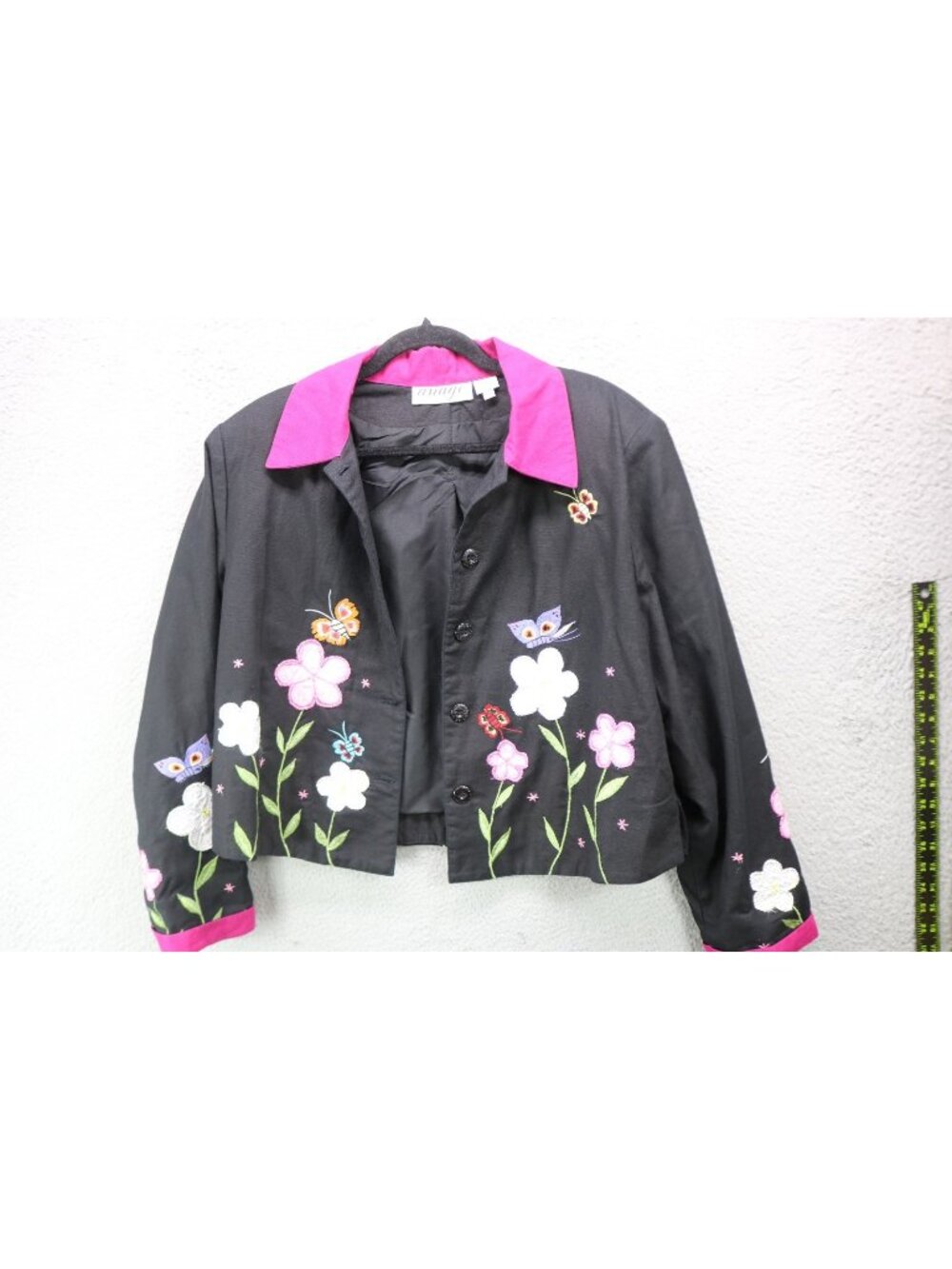 Anage Black Vtg. Cotton Jacket-Large-Embroidered-Whimsigoth-Butterflies-BOHO
